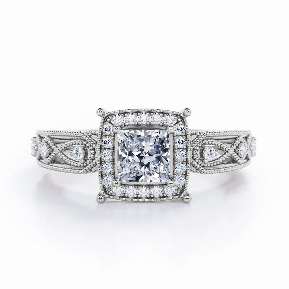 Art Deco Beaded 0.45 Carat Princess Cut Diamond Halo Engagement Ring In White Gold Classic Ornament