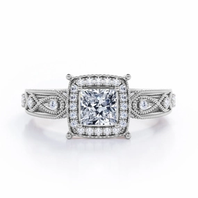 Art Deco Beaded 0.45 Carat Princess Cut Diamond Halo Engagement Ring In White Gold Classic Ornament