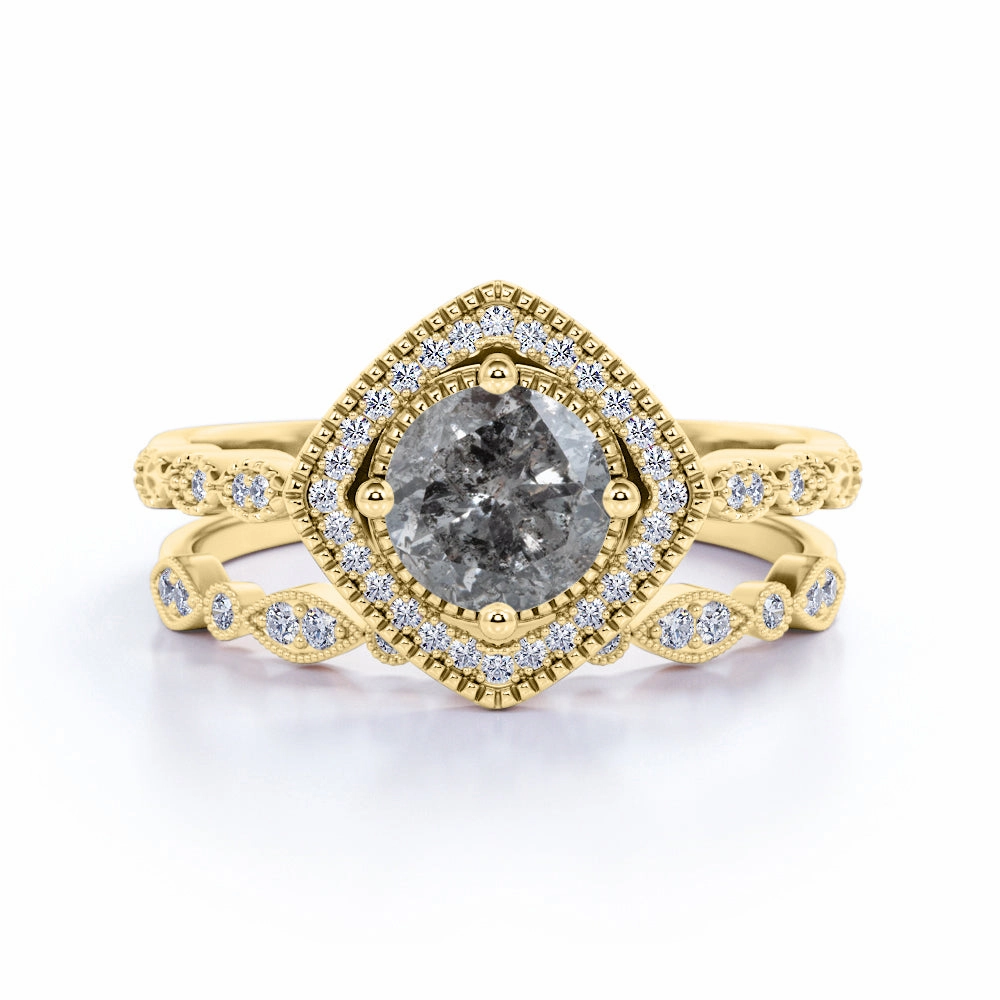 Art Deco Halo 0.8 Ct Round Cut Salt and Pepper Diamond Bridal Set Stylish Form