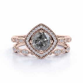 Universal Gift Art Deco Halo 0.8 Ct Round Cut Salt and Pepper Diamond Bridal Set