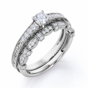 Art Deco Milgrain 0.5 TCW Round Brilliant Cut Diamond Pave Victorian Bridal Set in 10K White Gold Sturdy Article Malleable Metal