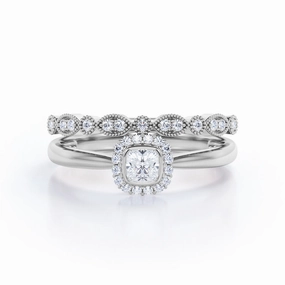 Art Deco Milgrain Filigree 0.5 TCW Princess Cut Diamond Halo Bezel Bridal Set in 10K White Gold Unique Adornment Any Occasion