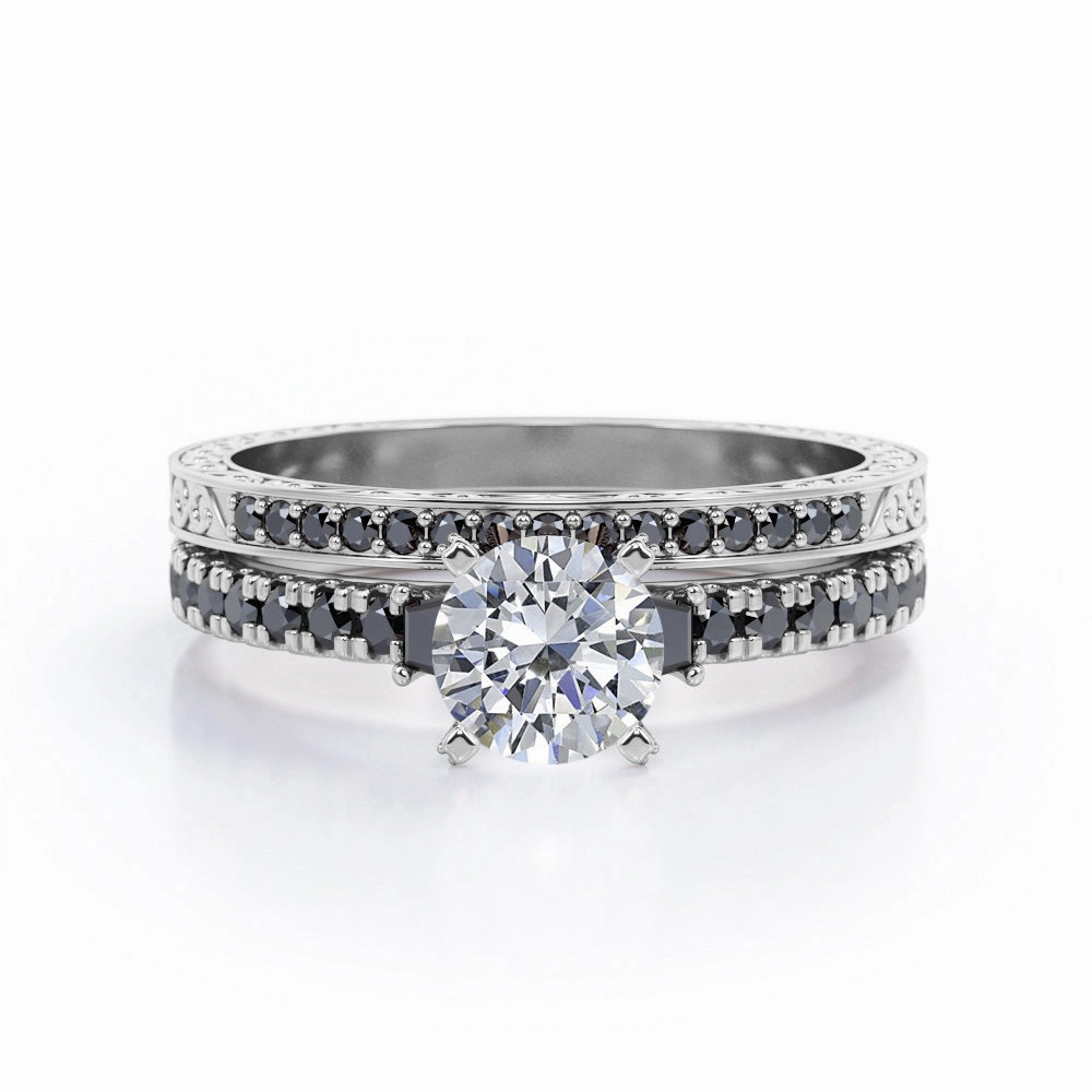 Art Deco Milgrain-Pronged 0.65 TCW Round Brilliant Cut Diamond with Lab Created Black Diamond Pave Bridal Ring Set in 10K White Gold Strong Statement