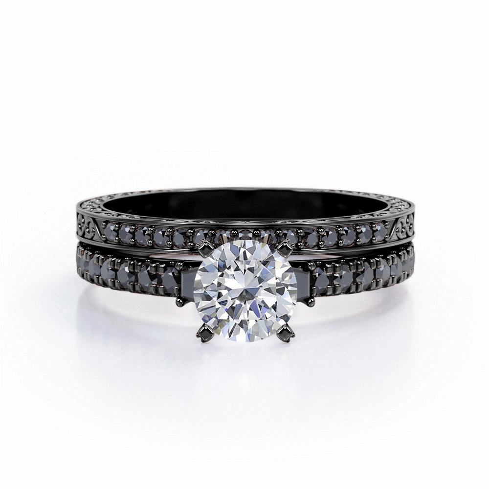 Art Deco Milgrain-Pronged 0.65 TCW Round Brilliant Cut Diamond with Lab Created Black Diamond Pave Bridal Ring Set in 10K White Gold Sealed Edge