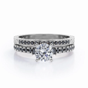 Art Deco Milgrain-Pronged 0.65 TCW Round Brilliant Cut Diamond with Lab Created Black Diamond Pave Bridal Ring Set in 10K White Gold Romantic Accent Quality Accessory