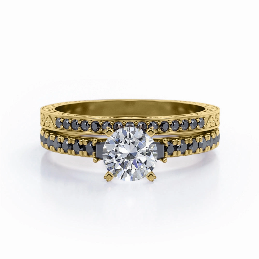 Ornamental Object Art Deco Milgrain-Pronged 0.65 TCW Round Brilliant Cut Diamond with Lab Created Black Diamond Pave Bridal Ring Set in 10K White Gold