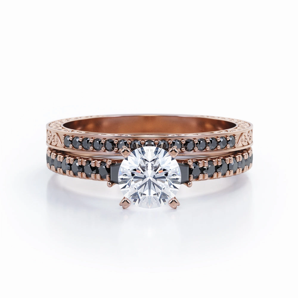 Art Deco Milgrain-Pronged 0.65 TCW Round Brilliant Cut Diamond with Lab Created Black Diamond Pave Bridal Ring Set in 10K White Gold petite size