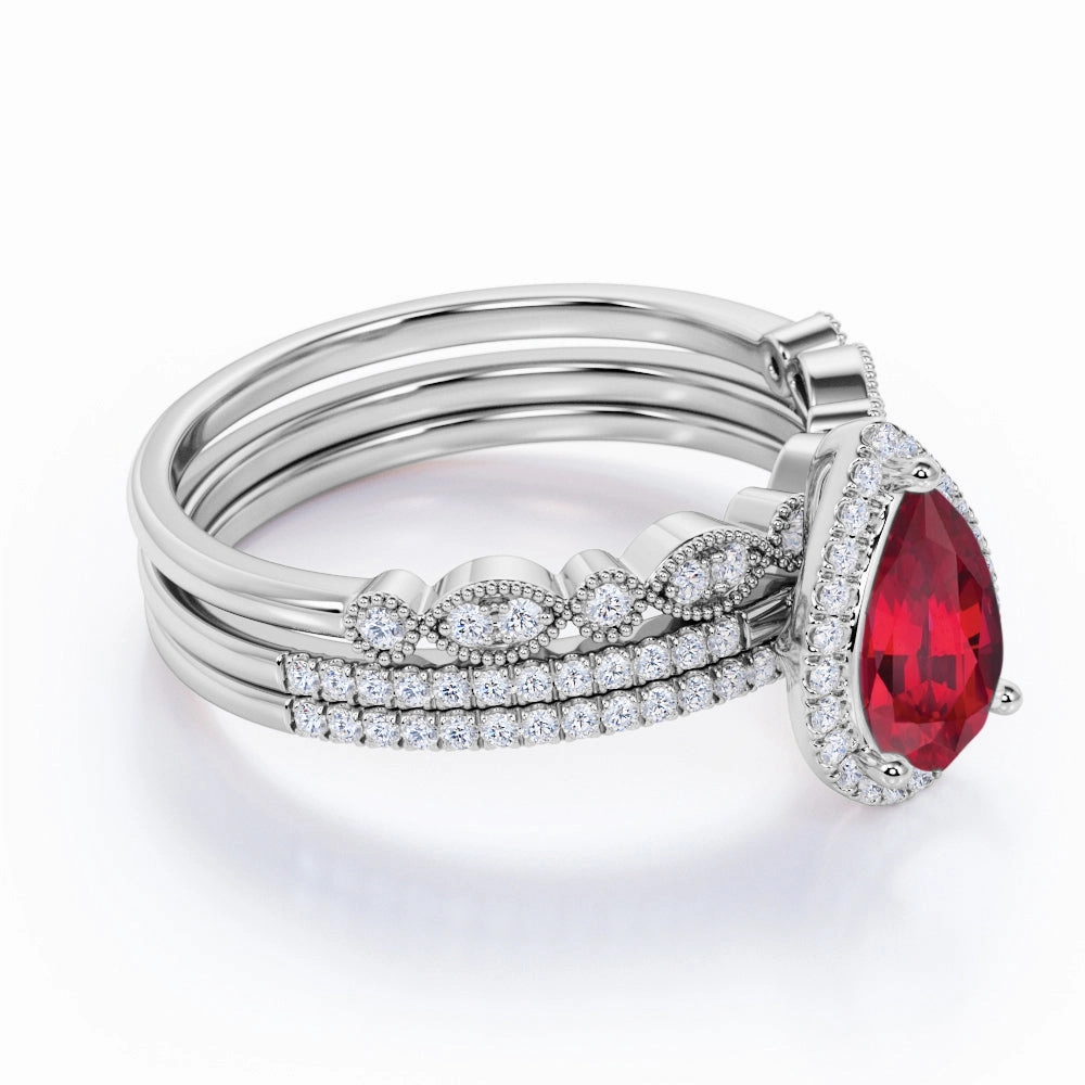 Art Deco Pave 1.75 ct Pear Lab-Created Ruby Trio Bridal Set Traditional Insignia Comfortable Symbol