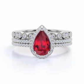 Art Deco Pave 1.75 ct Pear Lab-Created Ruby Trio Bridal Set Timeless Spark Luxury Proportion