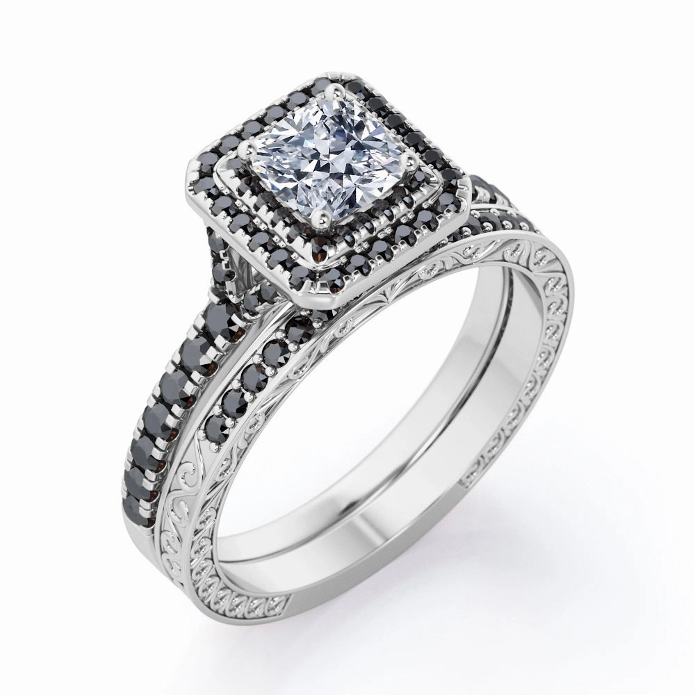 Economical Product Renaissance Art Art-Deco Pave Accented 0.65 TCW Princess Cut Diamond with Lab Created Black Diamond Double Halo Bridal Ring Set in 10K White Gold