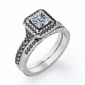 Economical Product Renaissance Art Art-Deco Pave Accented 0.65 TCW Princess Cut Diamond with Lab Created Black Diamond Double Halo Bridal Ring Set in 10K White Gold