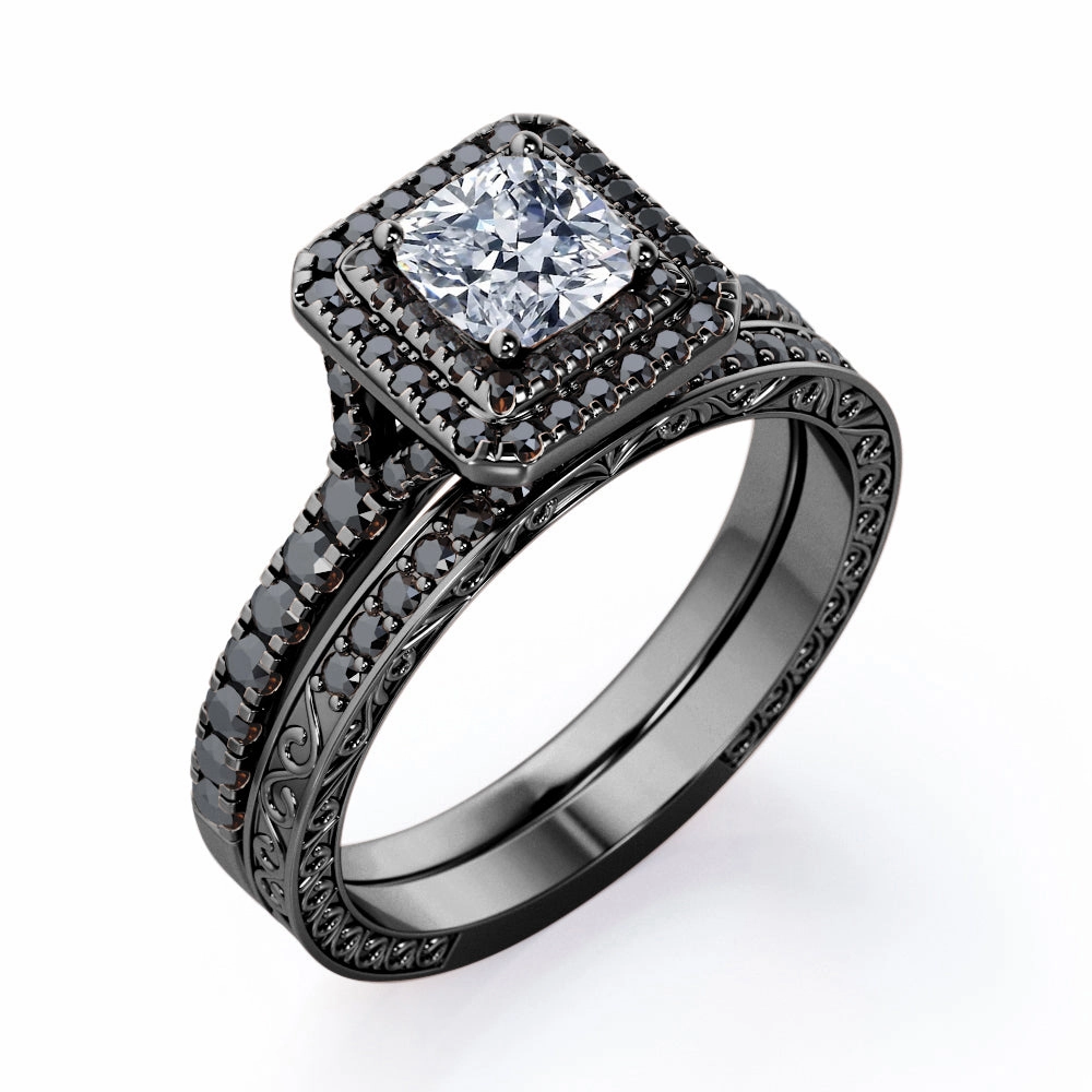 Art-Deco Pave Accented 0.65 TCW Princess Cut Diamond with Lab Created Black Diamond Double Halo Bridal Ring Set in 10K White Gold Refined Balance Functional Art