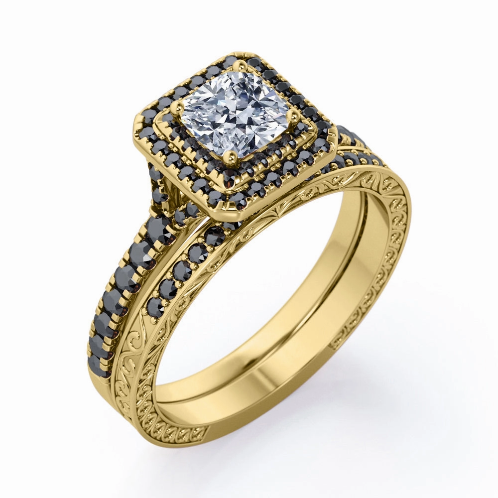 Art-Deco Pave Accented 0.65 TCW Princess Cut Diamond with Lab Created Black Diamond Double Halo Bridal Ring Set in 10K White Gold Gift Choice