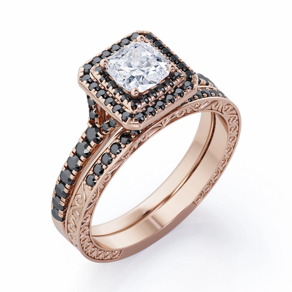 Art-Deco Pave Accented 0.65 TCW Princess Cut Diamond with Lab Created Black Diamond Double Halo Bridal Ring Set in 10K White Gold Graceful Style Modern Creation