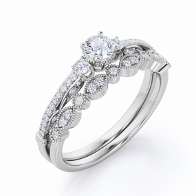 Fragile Item Art Deco Trilogy 0.45 TCW Round Brilliant Cut Diamond Pave Design Wedding Set in 10K White Gold