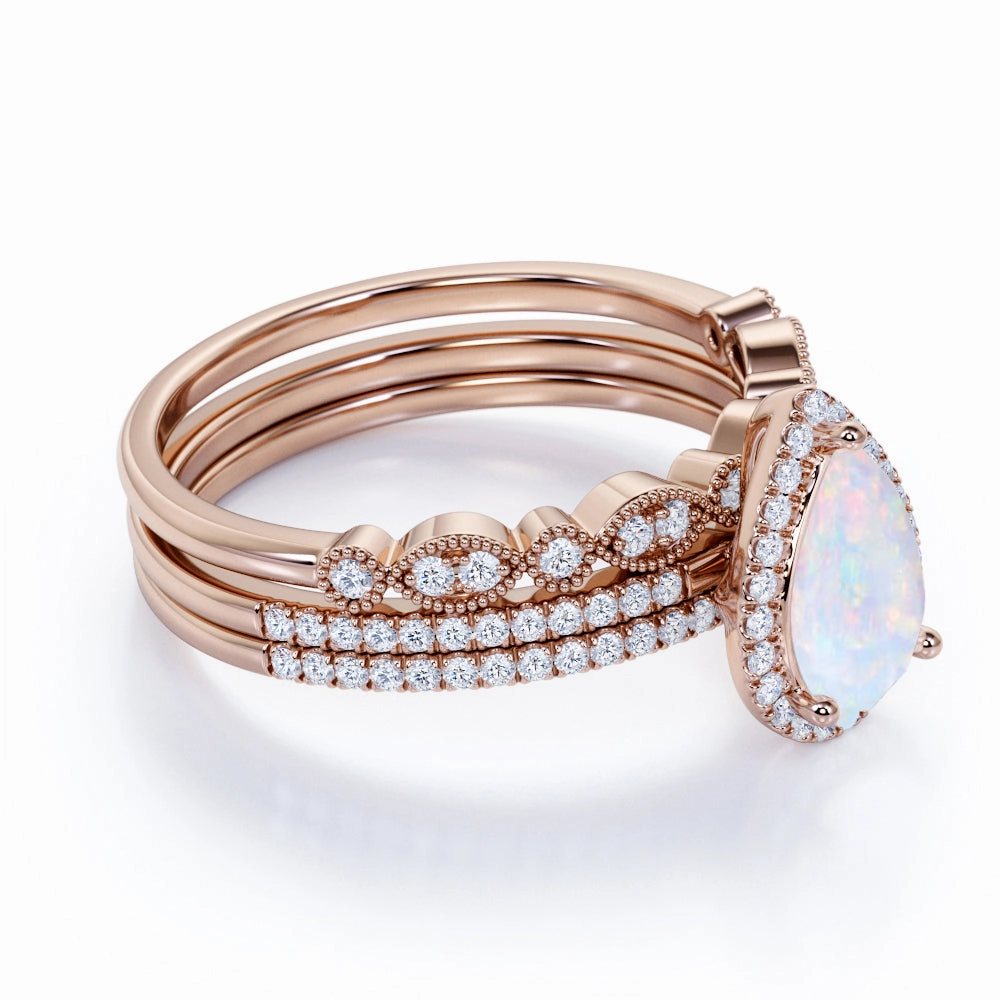 Art Deco Vintage 1.50 Carat Pear Shape Ethiopian Opal and Diamond Halo Trio Bridal Set in Rose Gold Everyday Function