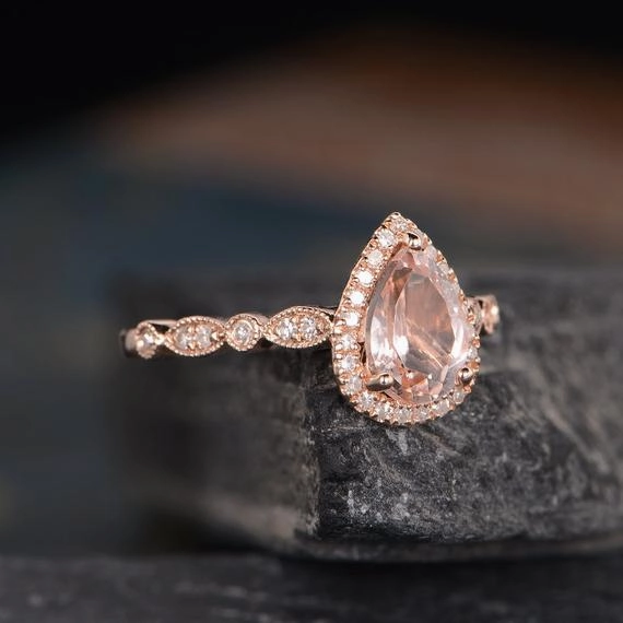 Bold Creation ArtDeco 1.25 ct Pear Morganite Engagement Ring