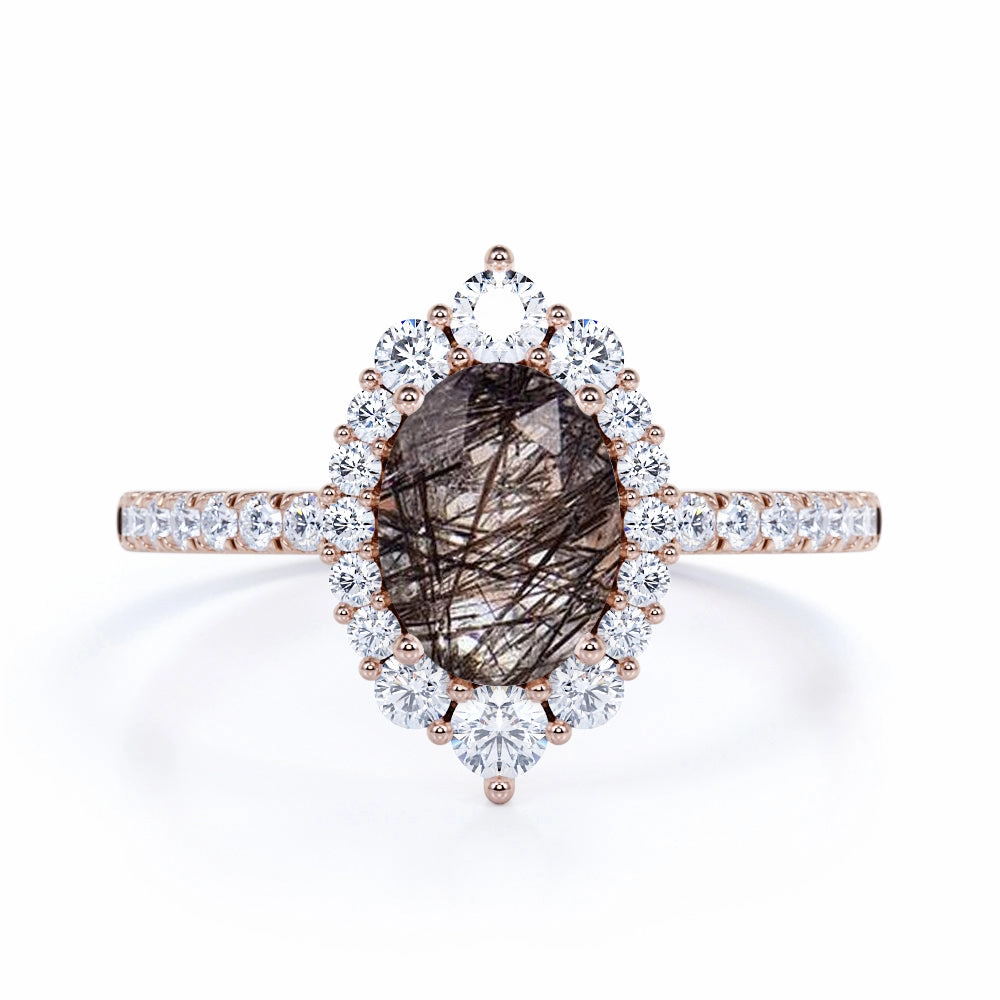 1.50 ct Oval Black Rutilated Quartz Halo Pave Engagement Ring Seasonal Spark Creative Emblem
