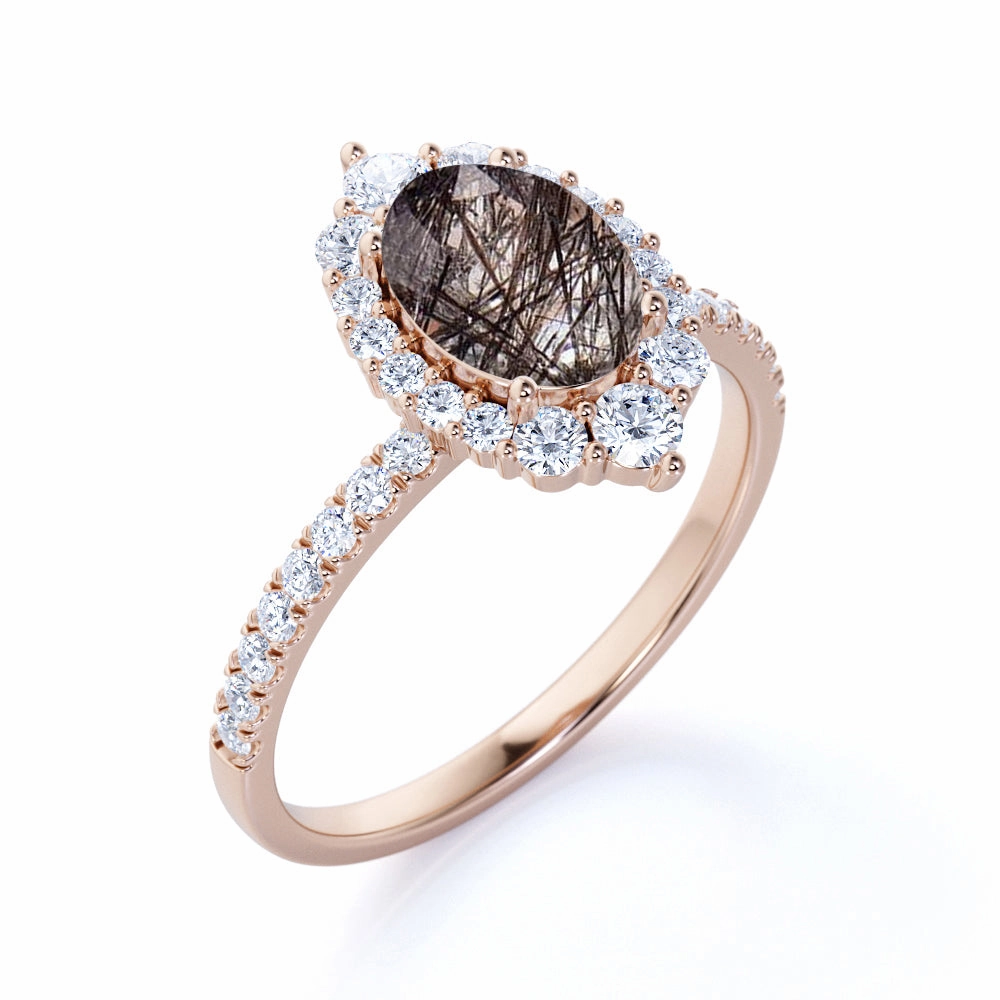 1.50 ct Oval Black Rutilated Quartz Halo Pave Engagement Ring Personal Article Eternal Item