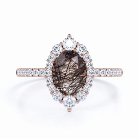 1.50 ct Oval Black Rutilated Quartz Halo Pave Engagement Ring Satisfaction Ensured