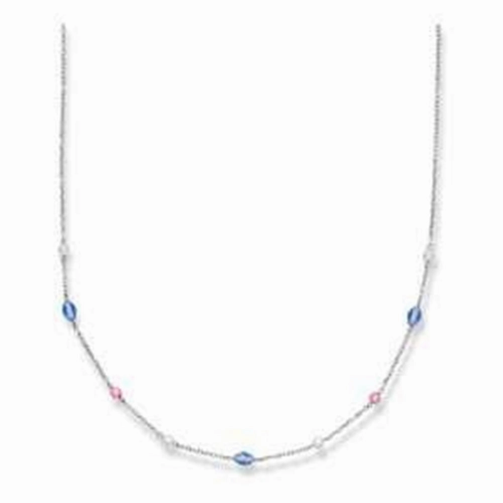 Crystal Station Necklace Pink Clear and Blue Crystals Rhodium on Sterling Silver Gemstone Jewelry
