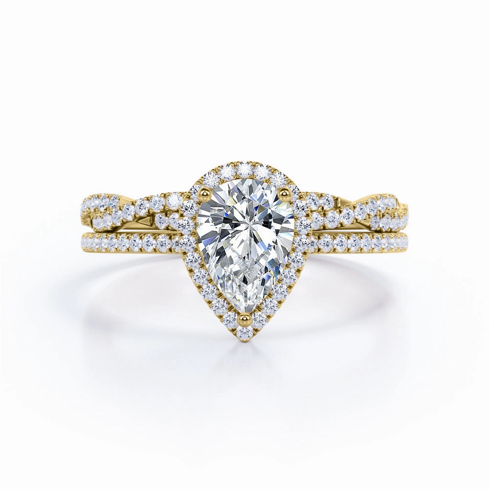 Contemporary Gift Unique Symbol 1.25 Carat Pear Cut Moissanite Twisted Wedding Ring Set