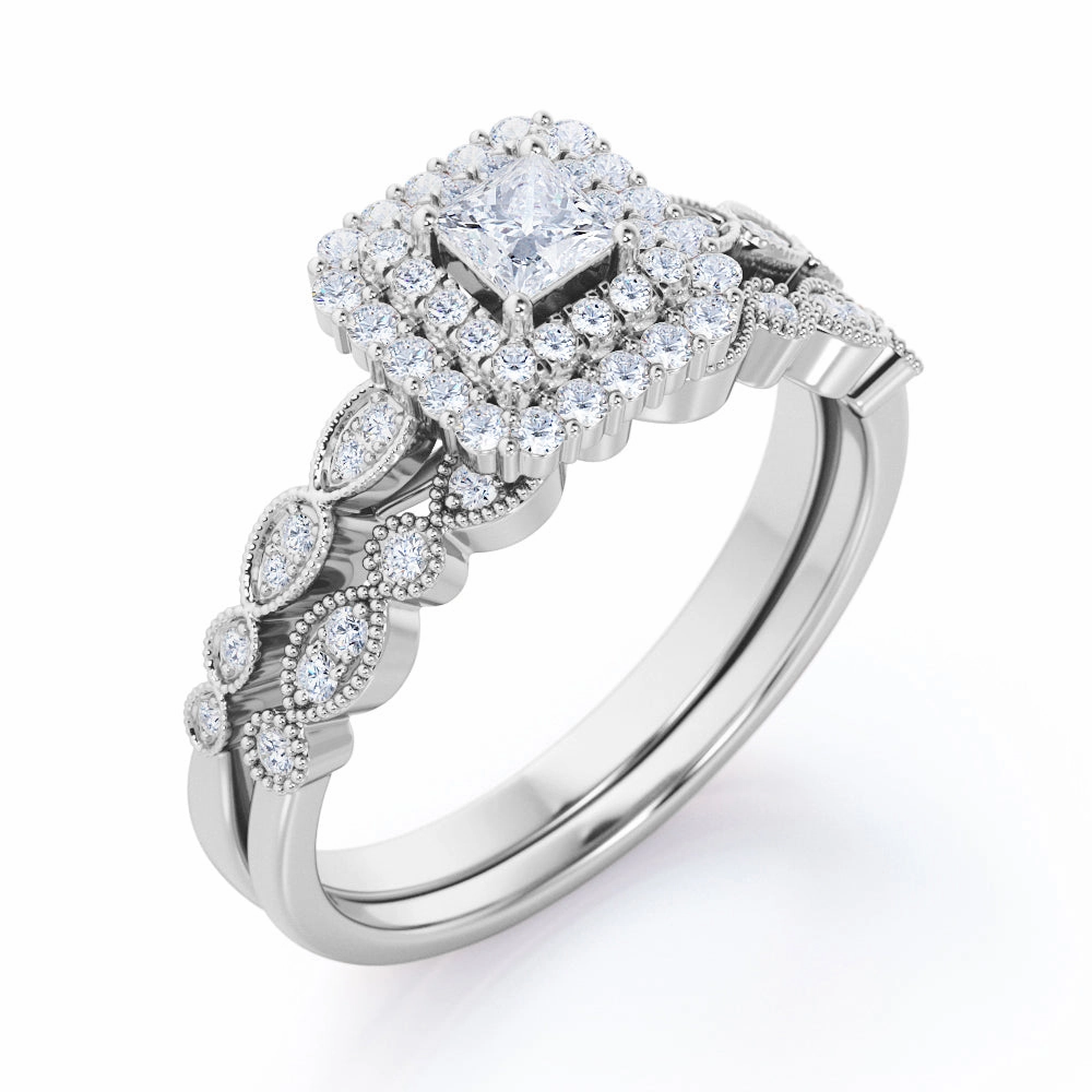 0.90 Carat Princess Cut Diamond Vintage Art Deco Bridal Set In White Gold Bold Art Luxurious Feel