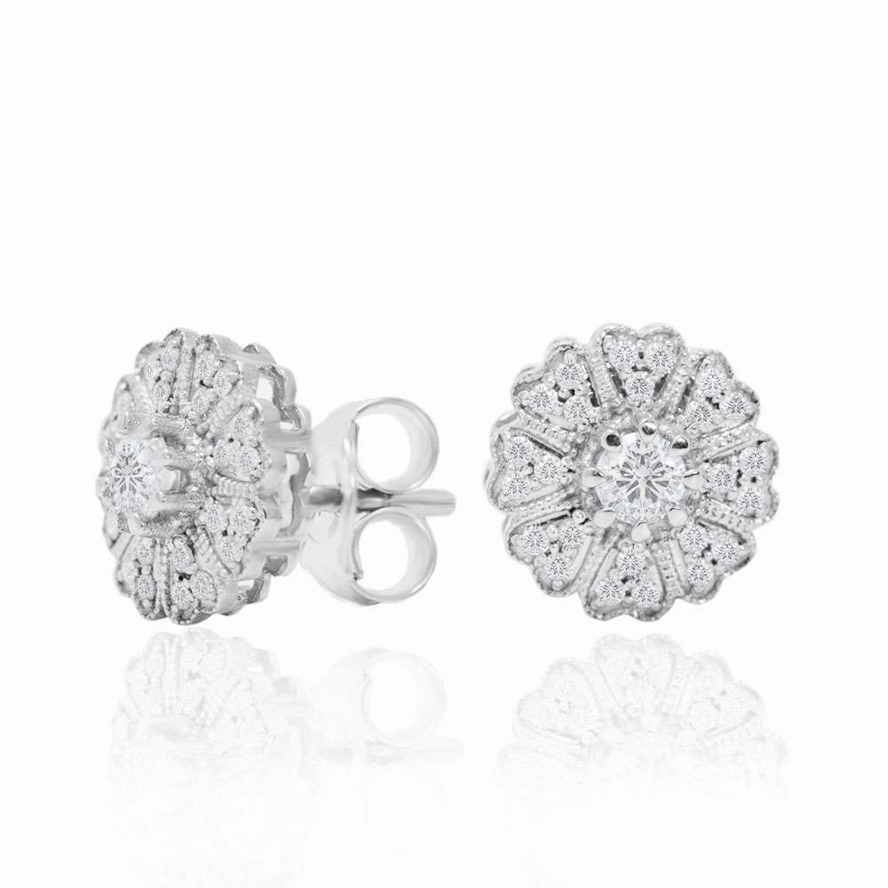 Splendid Embellishment Charming Adornment Flower Milgrain Real Diamond Earrings in 18K White Gold over Silver