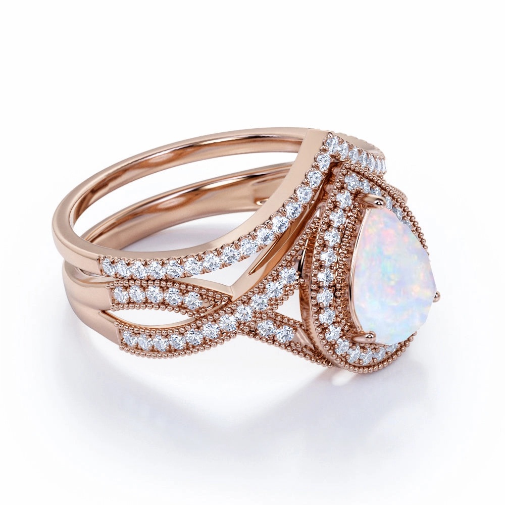 1.75 Ct Pear Cut Lab Created Opal Antique Bridal Set Wearable Art