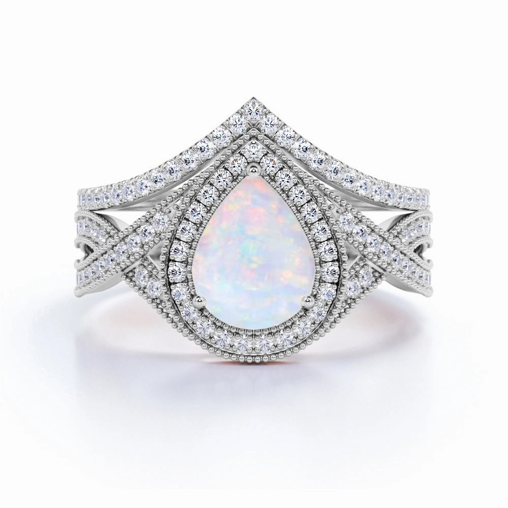 Timeless Grace 1.75 Ct Pear Cut Lab Created Opal Antique Bridal Set