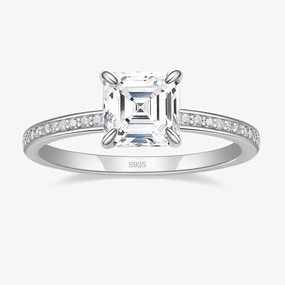 Asscher Cut Engagement Ring with Pave CZ Stones Surprise Gift Timeless Statement
