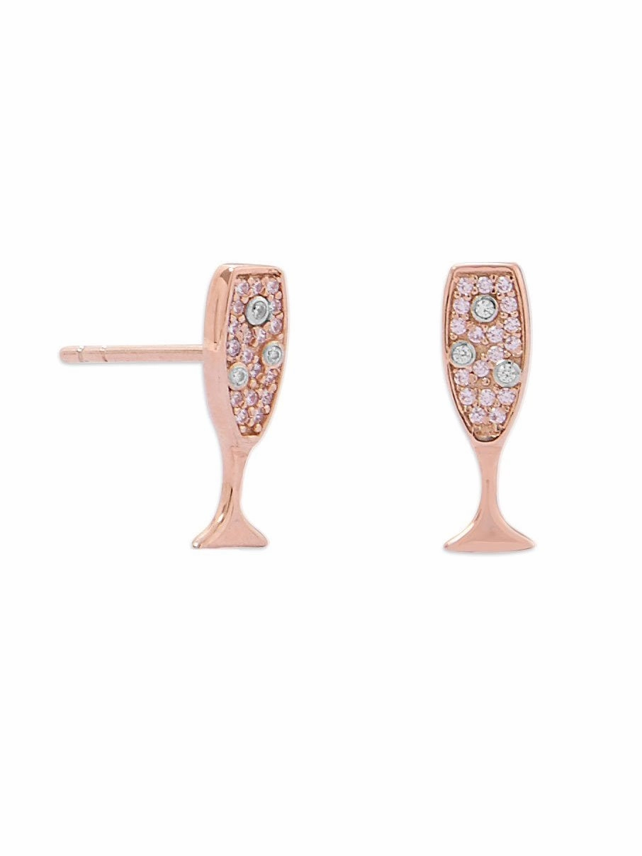 Embellished Item Champagne Glass Stud Earrings Cubic Zirconia CZ Post Rose Gold-plated