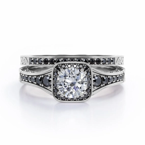 Filigree Pave Channel 0.65 TCW Round Diamond with Lab Created Black Diamond Double Prong Cluster Wedding Set in 10K White Gold Adjustable size