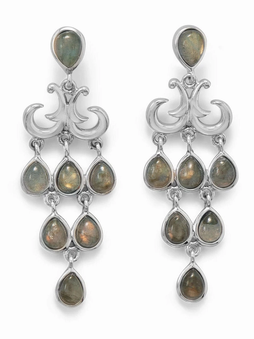 Rustic Trinket Labradorite Chandelier Earrings Sterling Silver Teardrop Shape Stones