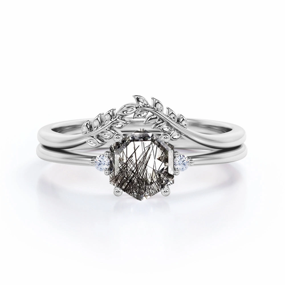 Artisan Gift Everlasting Beauty Leaf 1.05 ct Hexagon Black Rutilated Quartz Three Stone Bridal Set