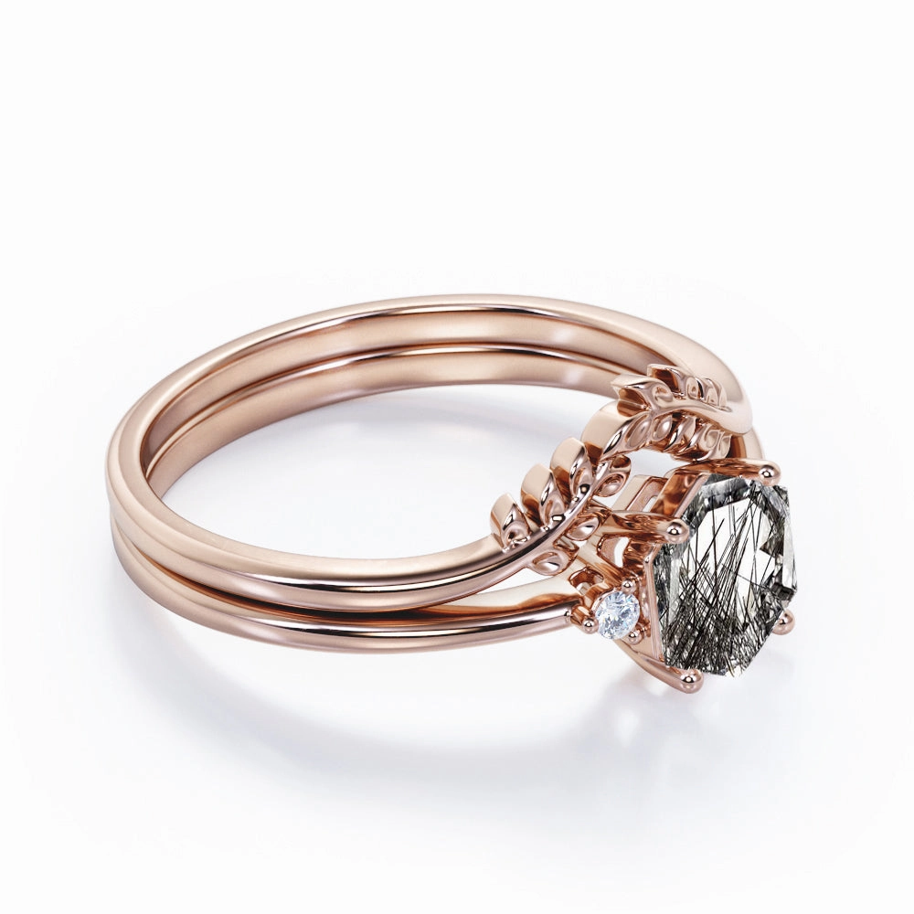 Leaf 1.05 ct Hexagon Black Rutilated Quartz Three Stone Bridal Set Virtual Item