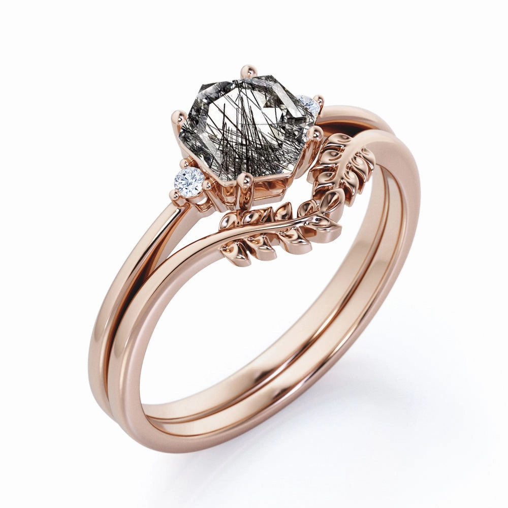 Model Jewelry Polished Appearance Leaf 1.05 ct Hexagon Black Rutilated Quartz Three Stone Bridal Set