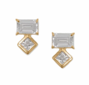 Shiny Jewelry Splendid Piece Baguette and Square Cubic Zirconia Stud Earrings gold-Plated Silver