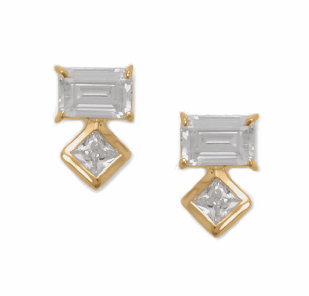 Shiny Jewelry Splendid Piece Baguette and Square Cubic Zirconia Stud Earrings gold-Plated Silver