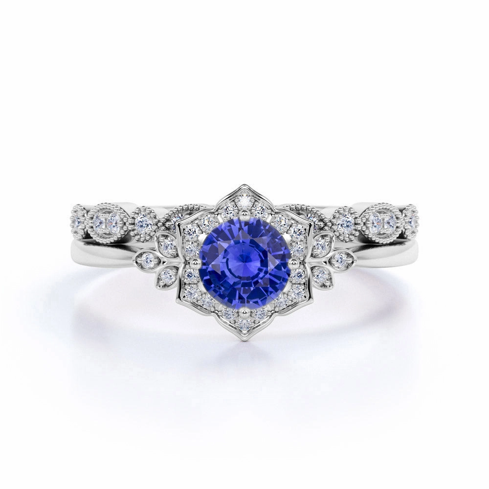 Sparkling look Art Deco 1.5 Ct Round Cut Lab Sapphire Bridal Set
