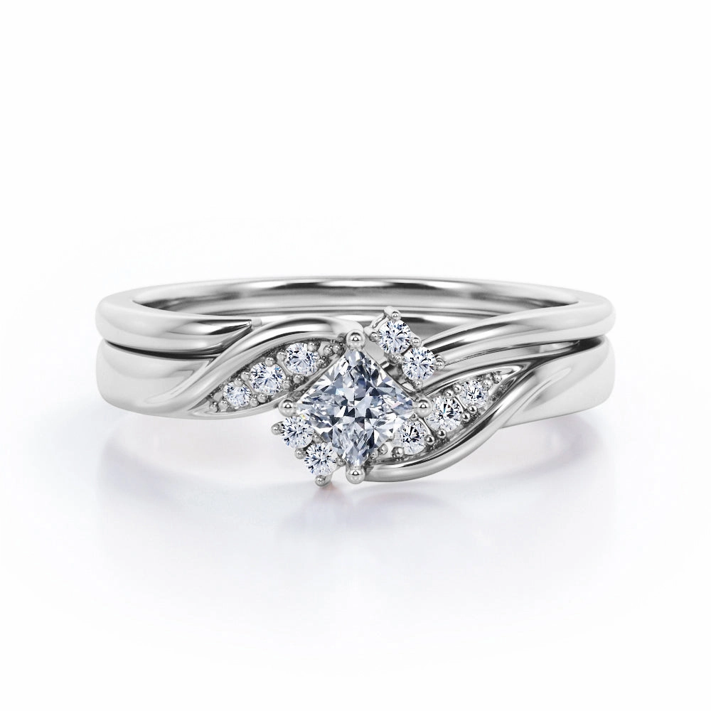 Petite Pave-Channel - 0.35 TCW Rhombus Princess Cut Diamond - Prong Tensioned Wedding Set - 10K White Gold Traditional Craft Custom Work