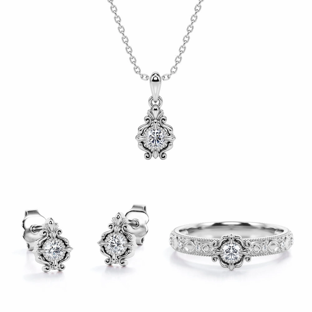 Personal Jewelry Simple Keepsake Baroque Filigree Jewelry Set 0.4 TCW Diamond with Pendant, Earrings & Ring