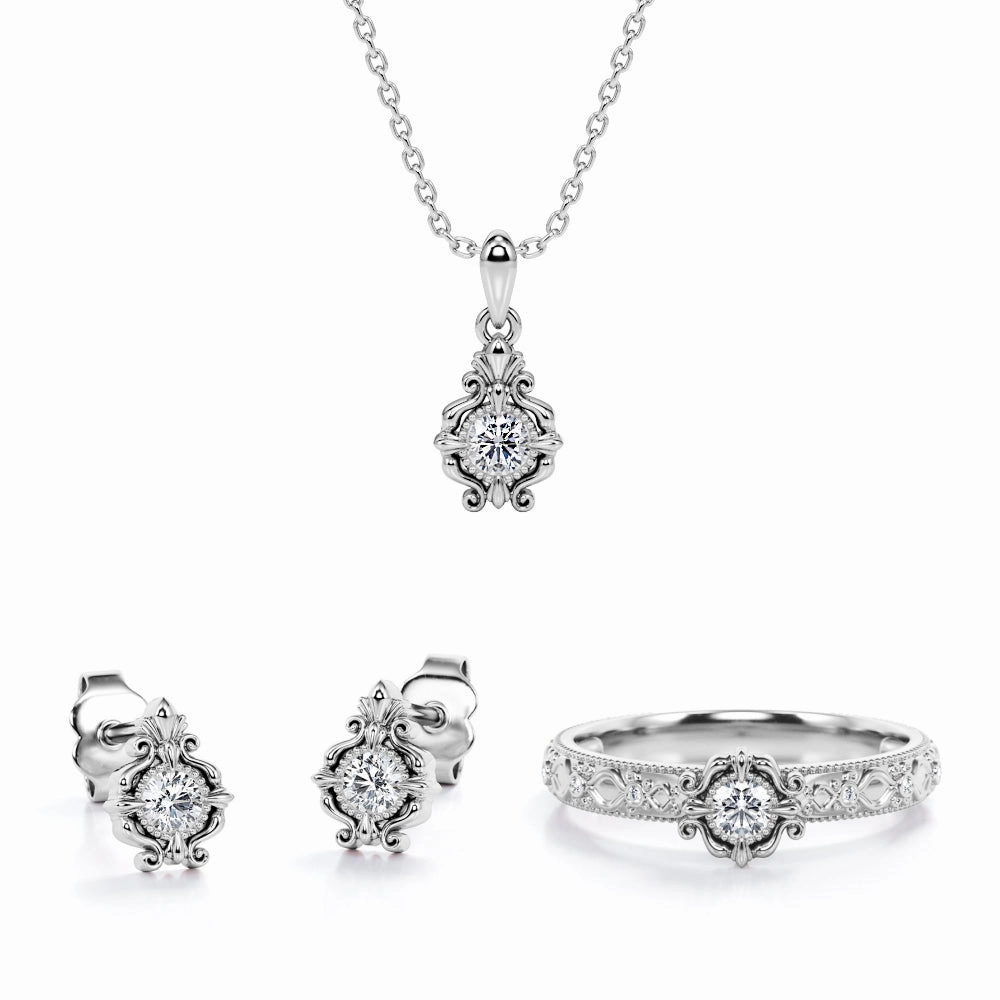 Daily Geometry Baroque Filigree Jewelry Set 0.4 TCW Diamond with Pendant, Earrings & Ring