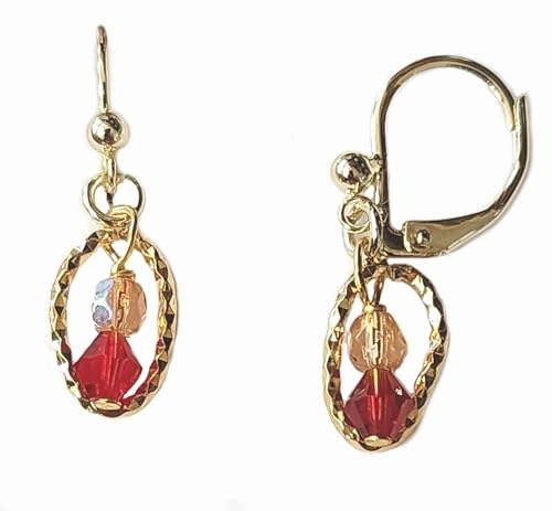 Exquisite Ornament Exquisite Vibe Pink and Red Crystal Earrings with Hammered Frame Yellow Gold Plated Leverback
