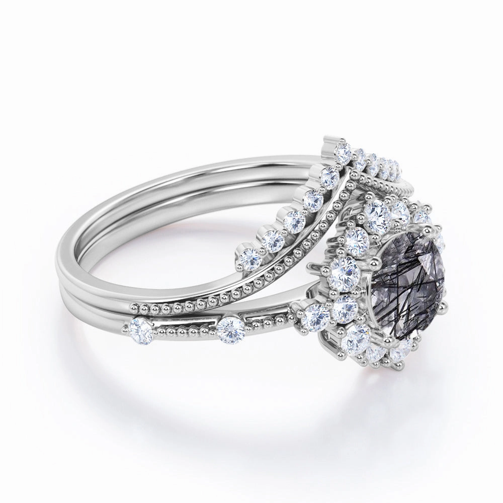 Best Friend Gift Beaded 1.40 ct Round Black Rutilated Quartz Tiara Halo Bridal Set