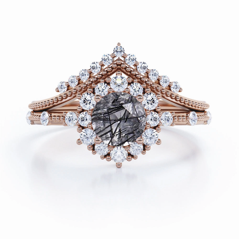 Beaded 1.40 ct Round Black Rutilated Quartz Tiara Halo Bridal Set Stylish Keepsake