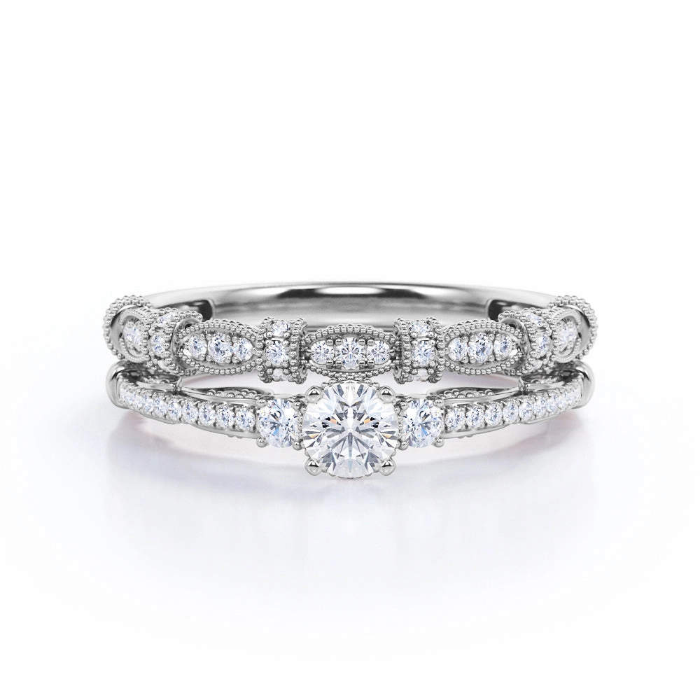 Iconic Accessory Beaded Art Deco 0.75 Carat Brilliant Round Cut Diamond Vintage Inspired Wedding Ring Set In White Gold