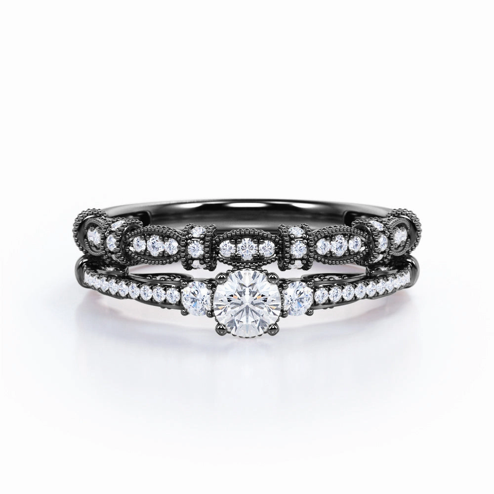 Beaded Art Deco 0.75 Carat Brilliant Round Cut Diamond Vintage Inspired Wedding Ring Set In White Gold Secure Accessory