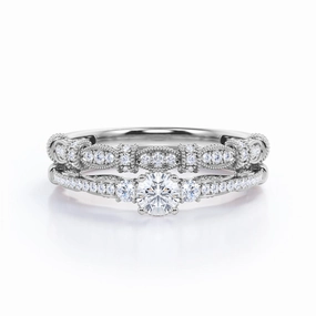 Iconic Accessory Beaded Art Deco 0.75 Carat Brilliant Round Cut Diamond Vintage Inspired Wedding Ring Set In White Gold