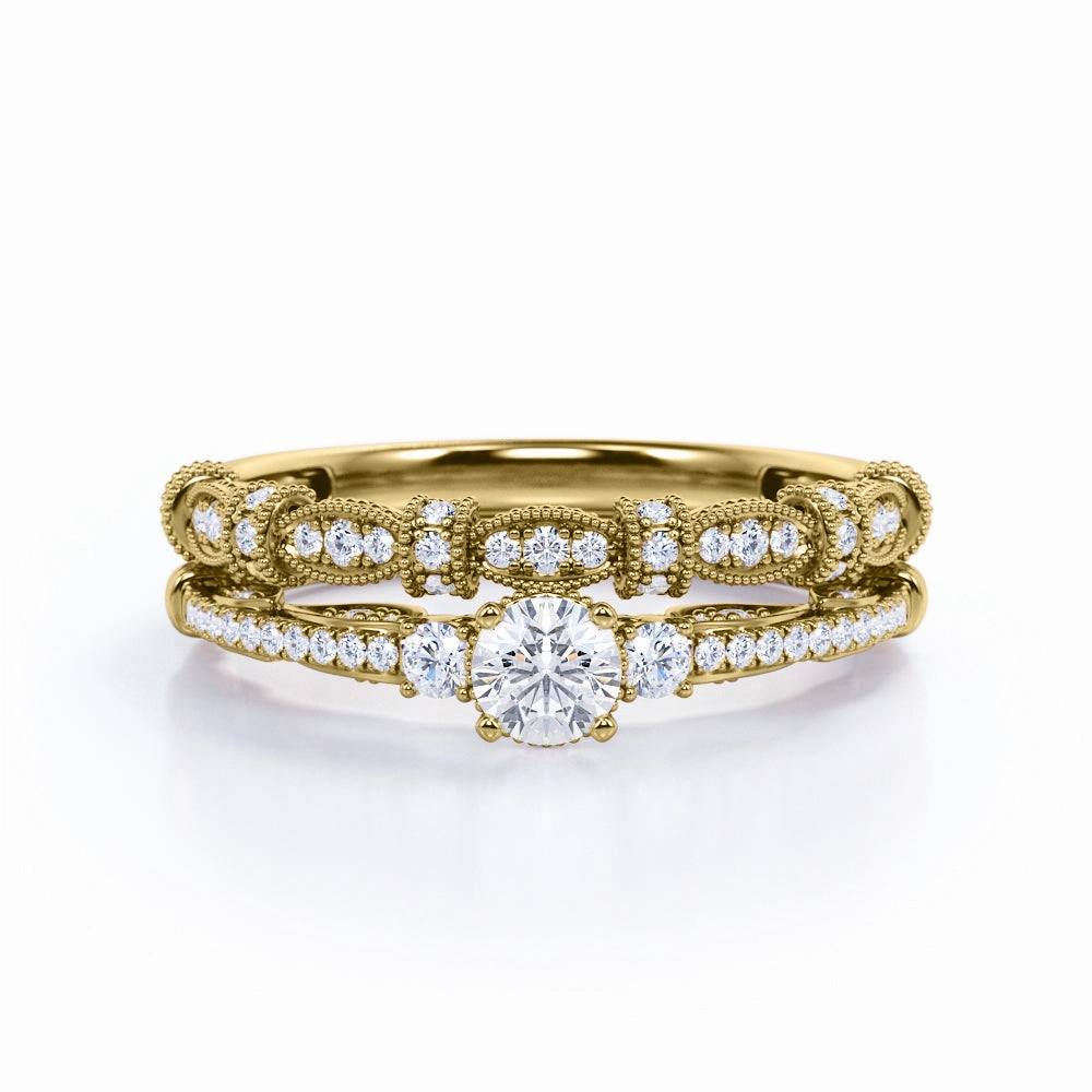 Bold Insignia Beaded Art Deco 0.75 Carat Brilliant Round Cut Diamond Vintage Inspired Wedding Ring Set In White Gold